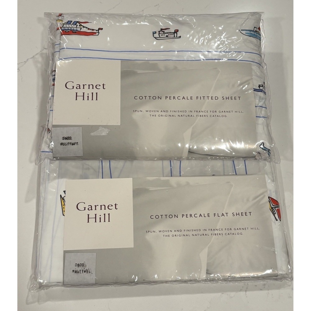 NOS Garnet Hill Ships Boat Twin Sheet Set Nautical Cotton Percale Made In France